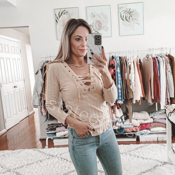 Free People Tops - Free people tan ribbed lace up v neck long sleeve top NWT